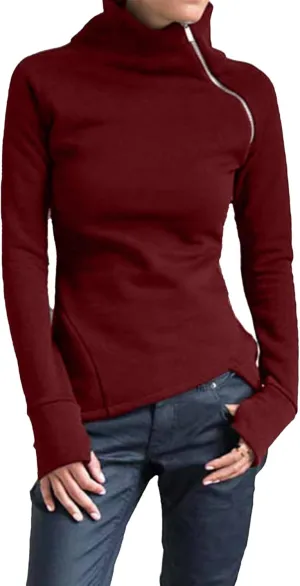 JEsilunmaMY Slim Fit Turtleneck Sweatshirt for Women Zip Irregular Hem Pullover with Thumb Hole Casual Mock Neck Sweater Tops