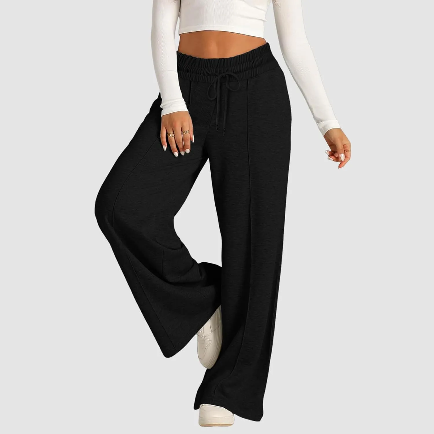 JiXiang Spring Pants for Women 2025 Casual Sweatpants Women Baggy Wide Leg Drawstring Straight Leg High Waist Joggers Trouser