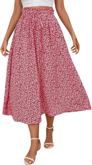 JJHAEVDY Women's High Elastic Waist Midi Skirt Casual Summer Trendy Tie Front Flowy Ruffle Floral Print A line Skirts