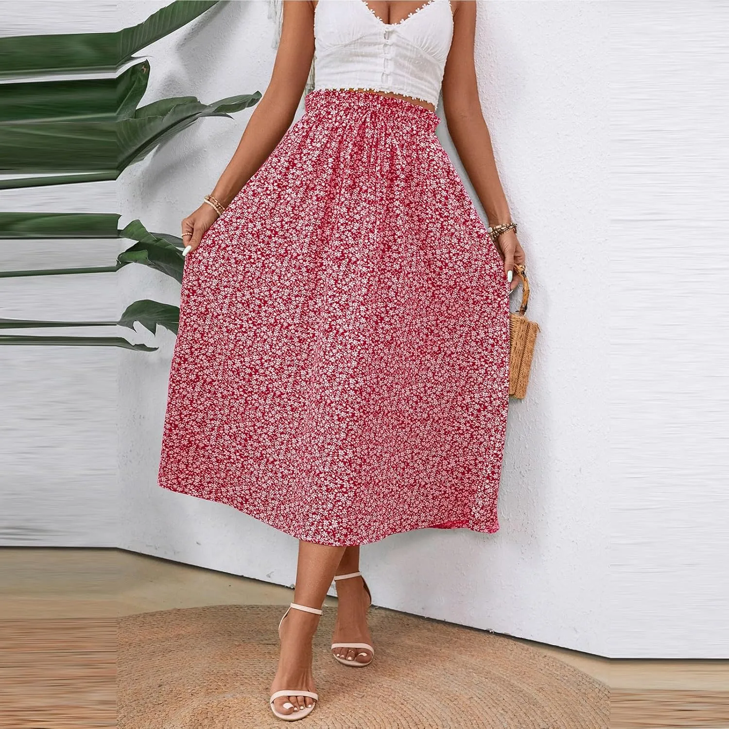 JJHAEVDY Women's High Elastic Waist Midi Skirt Casual Summer Trendy Tie Front Flowy Ruffle Floral Print A line Skirts