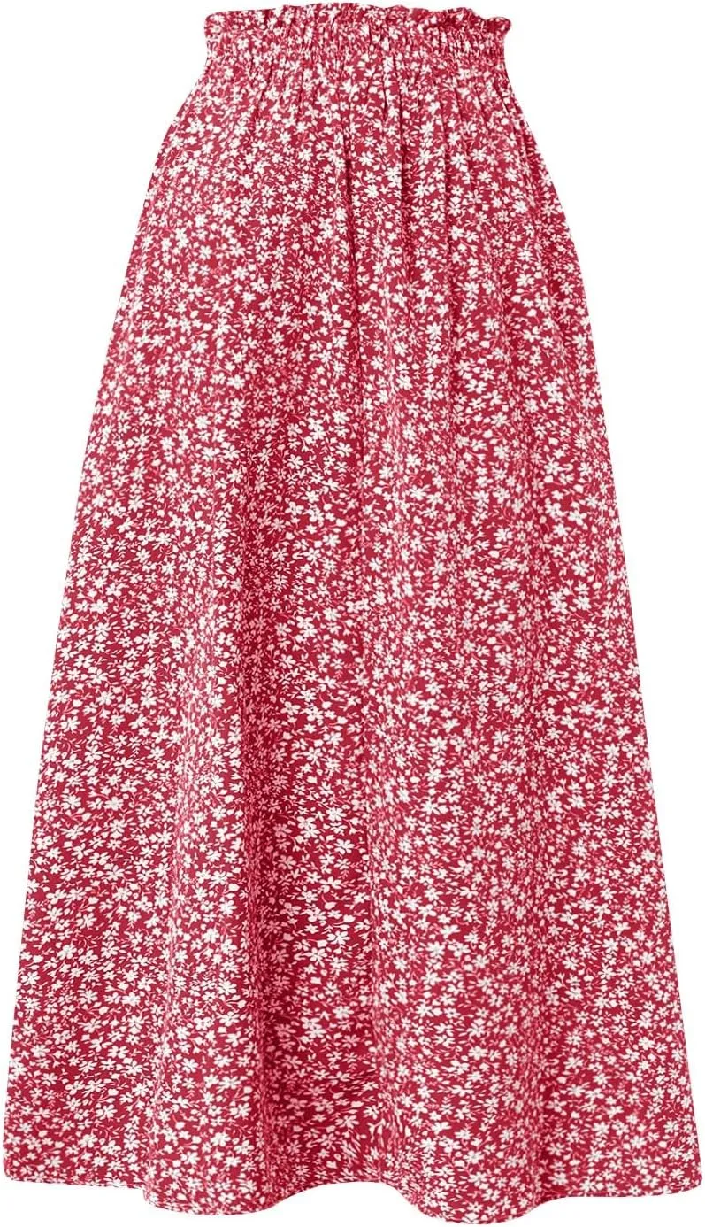 JJHAEVDY Women's High Elastic Waist Midi Skirt Casual Summer Trendy Tie Front Flowy Ruffle Floral Print A line Skirts
