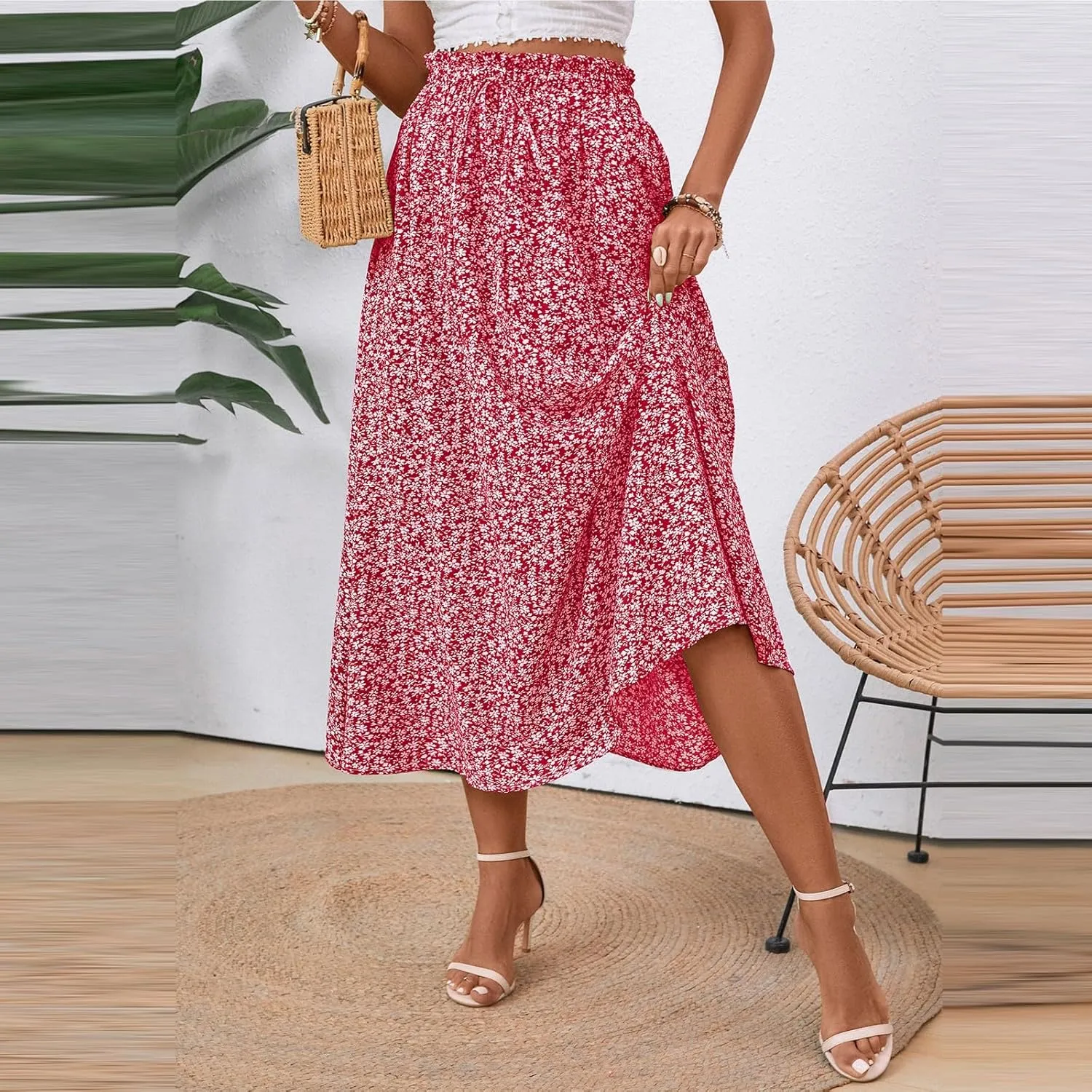 JJHAEVDY Women's High Elastic Waist Midi Skirt Casual Summer Trendy Tie Front Flowy Ruffle Floral Print A line Skirts