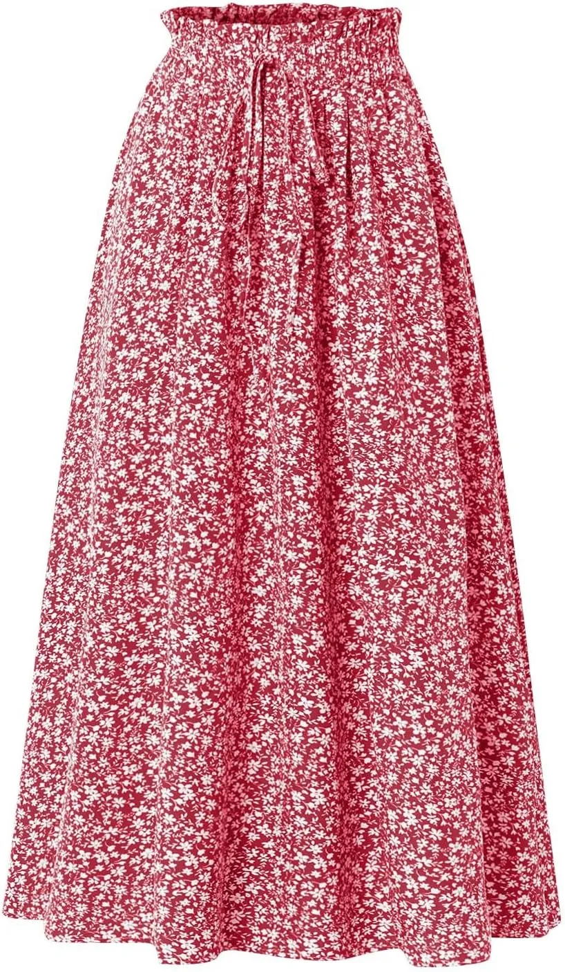 JJHAEVDY Women's High Elastic Waist Midi Skirt Casual Summer Trendy Tie Front Flowy Ruffle Floral Print A line Skirts