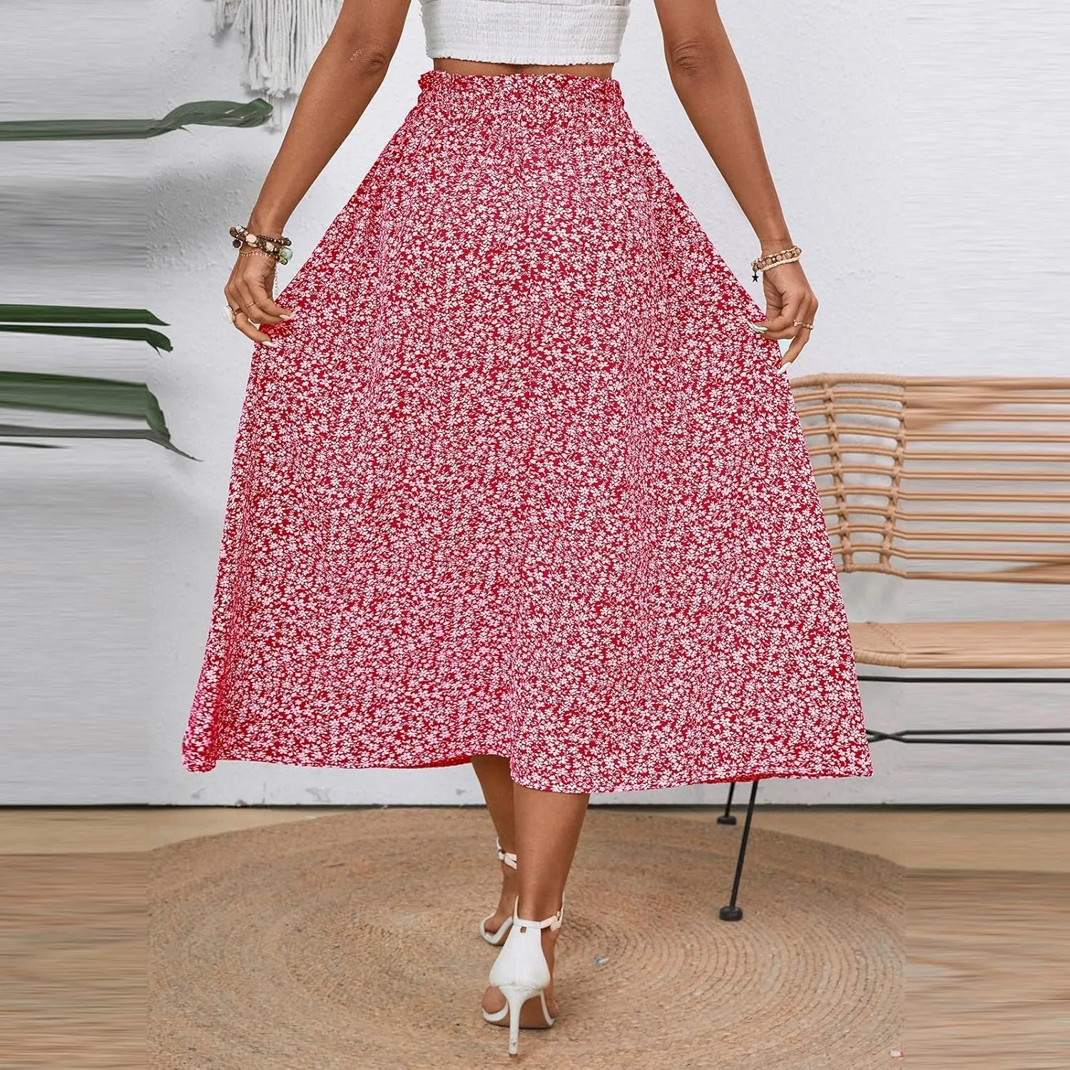JJHAEVDY Women's High Elastic Waist Midi Skirt Casual Summer Trendy Tie Front Flowy Ruffle Floral Print A line Skirts