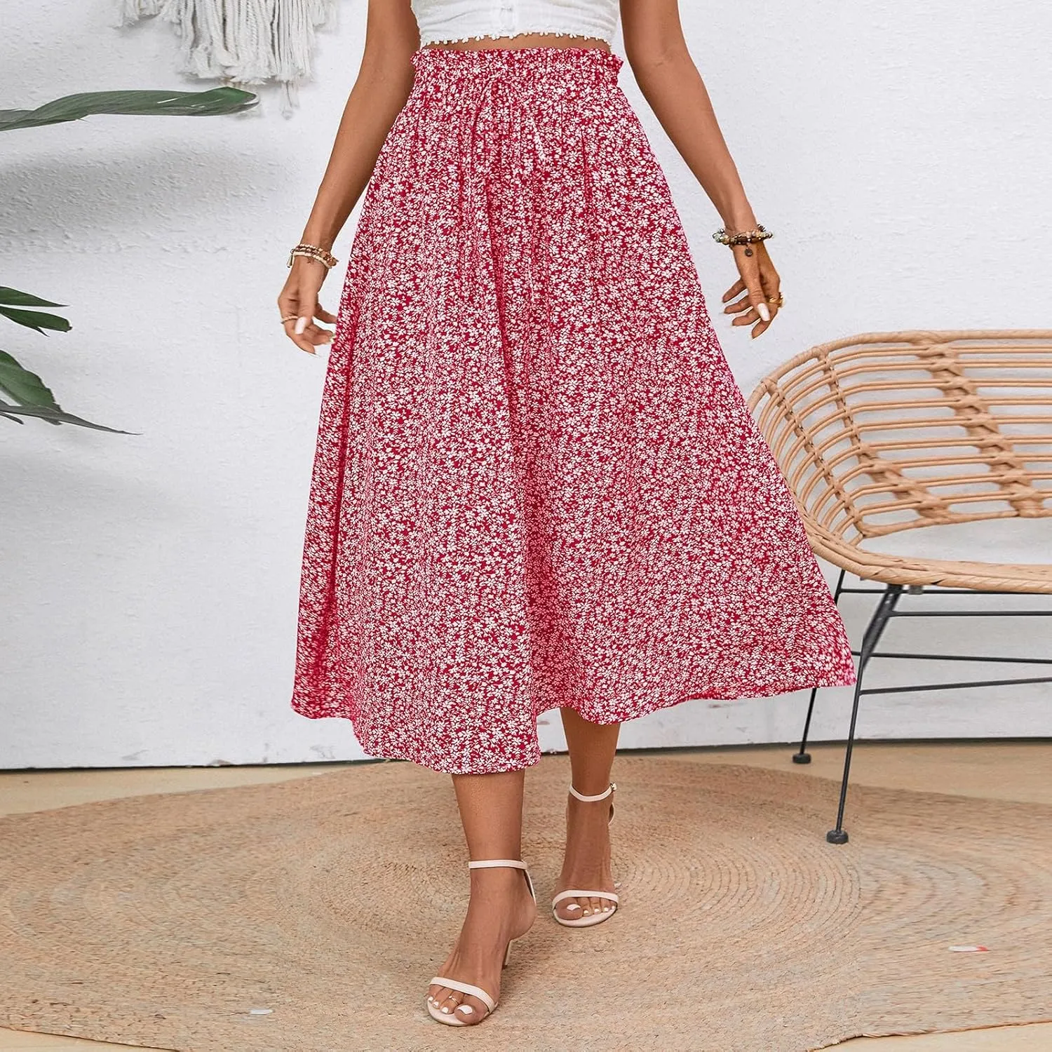 JJHAEVDY Women's High Elastic Waist Midi Skirt Casual Summer Trendy Tie Front Flowy Ruffle Floral Print A line Skirts
