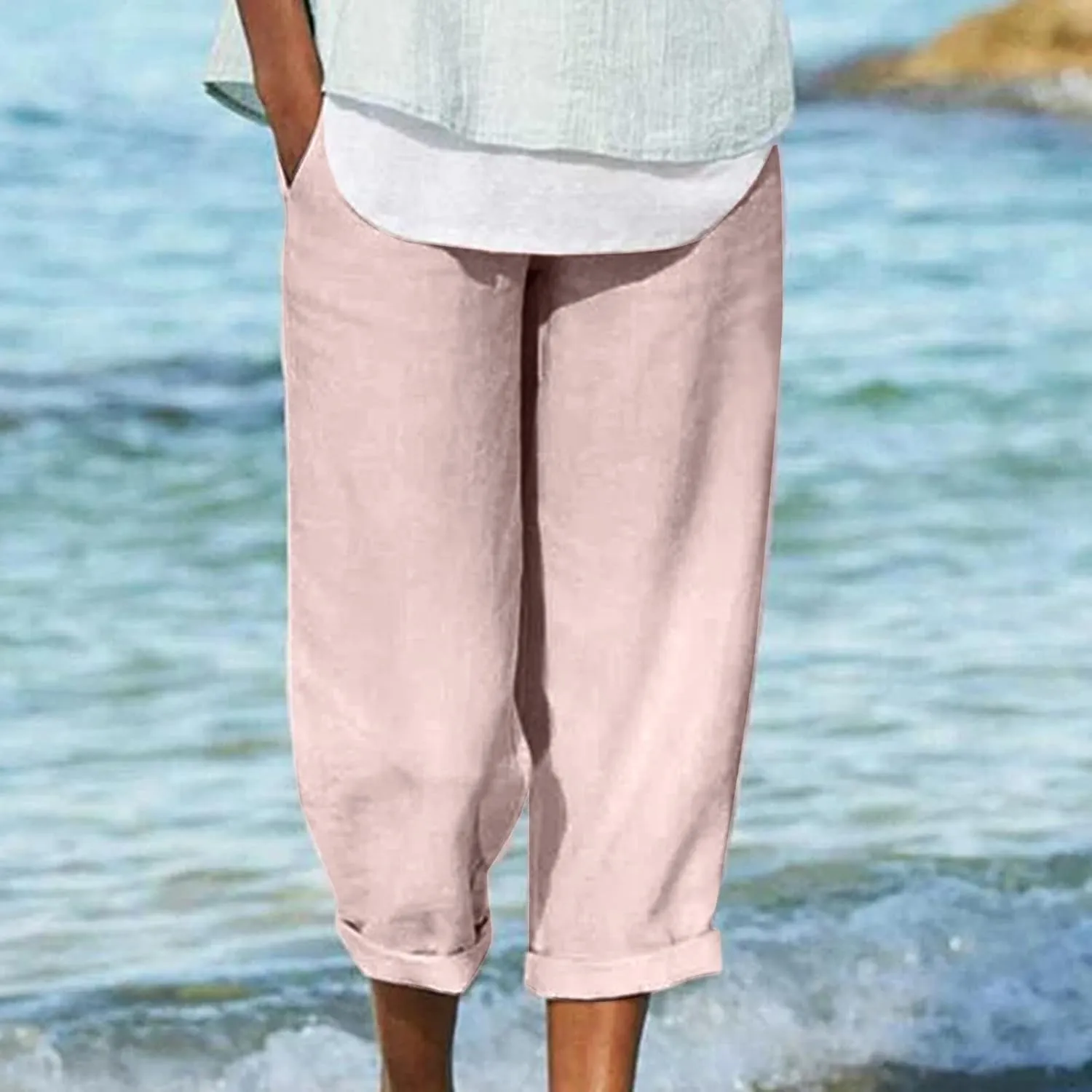 JOAU High Waisted Wide Leg Pants for Women Casual Elastic Trousers with Pockets Cotton Linen Long Straight Leg Solid Pants