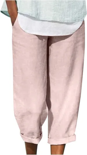JOAU High Waisted Wide Leg Pants for Women Casual Elastic Trousers with Pockets Cotton Linen Long Straight Leg Solid Pants