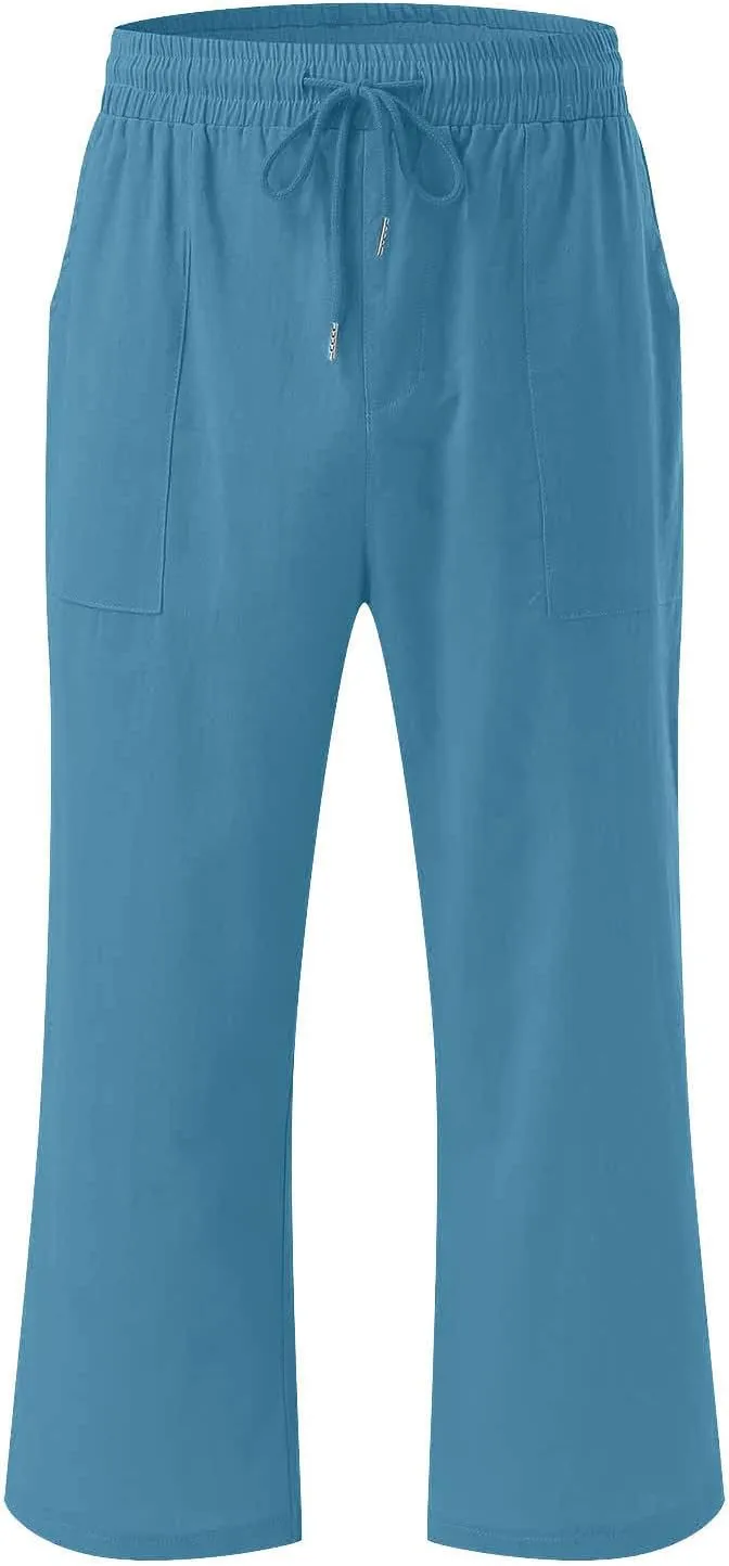 JOAU Summer Cotton Linen Cropped Wide Leg Pants, Women Casual Loose Drawstring Elastic Waist Capris Trousers with Pockets