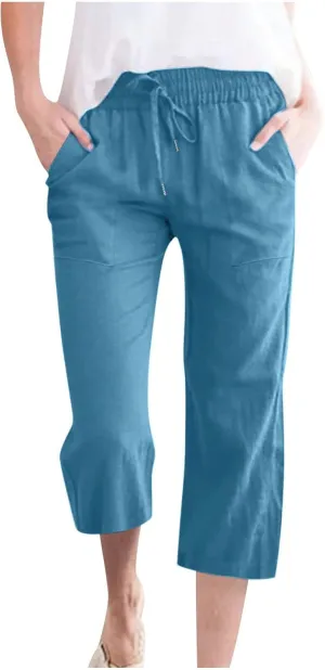 JOAU Summer Cotton Linen Cropped Wide Leg Pants, Women Casual Loose Drawstring Elastic Waist Capris Trousers with Pockets