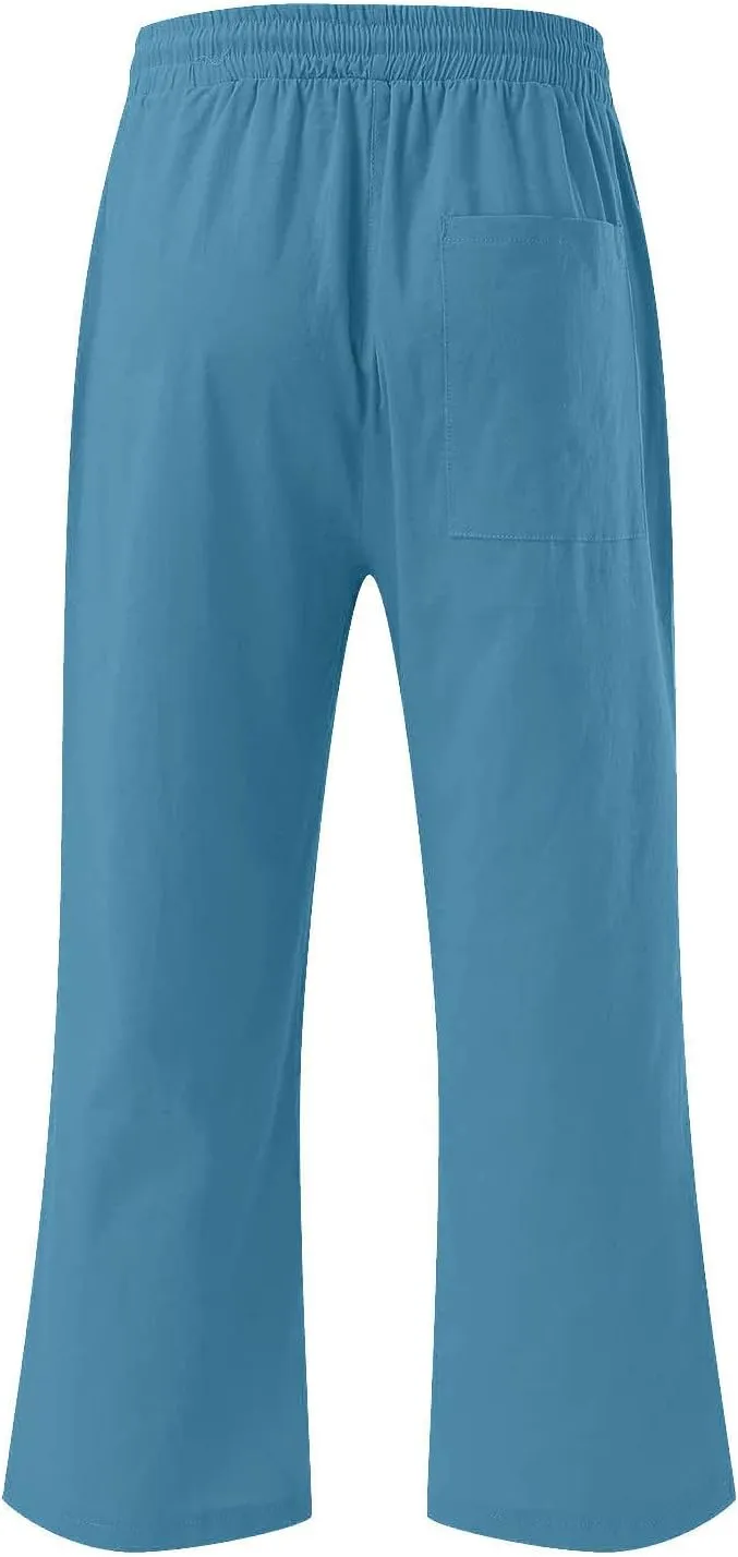 JOAU Summer Cotton Linen Cropped Wide Leg Pants, Women Casual Loose Drawstring Elastic Waist Capris Trousers with Pockets