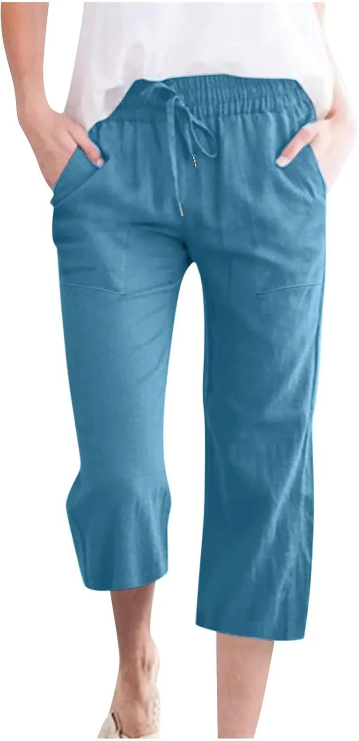 JOAU Summer Cotton Linen Cropped Wide Leg Pants, Women Casual Loose Drawstring Elastic Waist Capris Trousers with Pockets