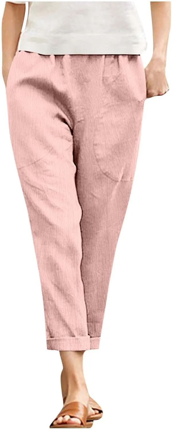 JOAU Women Cotton Linen Pants Casual Summer 2025 Straight Wide Leg Loose Comfy Elastic High Waist Beach Trouser with Pockets