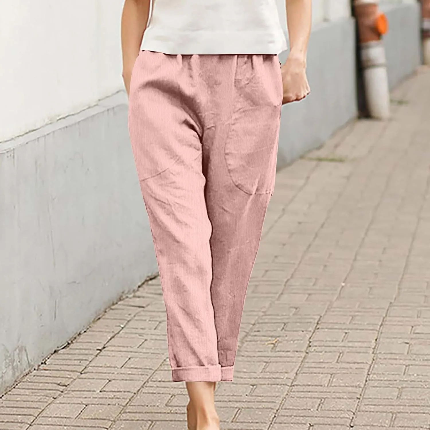 JOAU Women Cotton Linen Pants Casual Summer 2025 Straight Wide Leg Loose Comfy Elastic High Waist Beach Trouser with Pockets