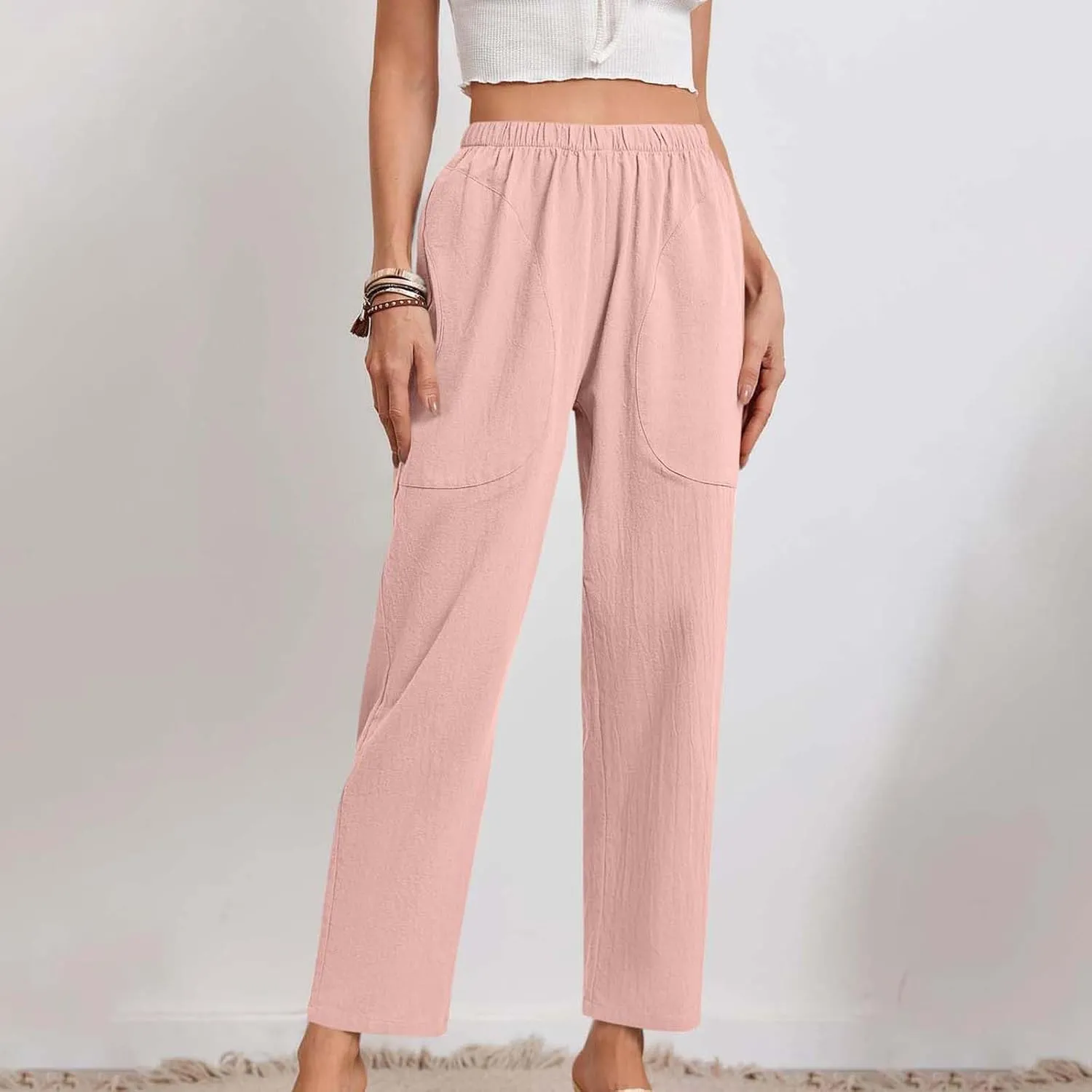 JOAU Women Cotton Linen Pants Casual Summer 2025 Straight Wide Leg Loose Comfy Elastic High Waist Beach Trouser with Pockets