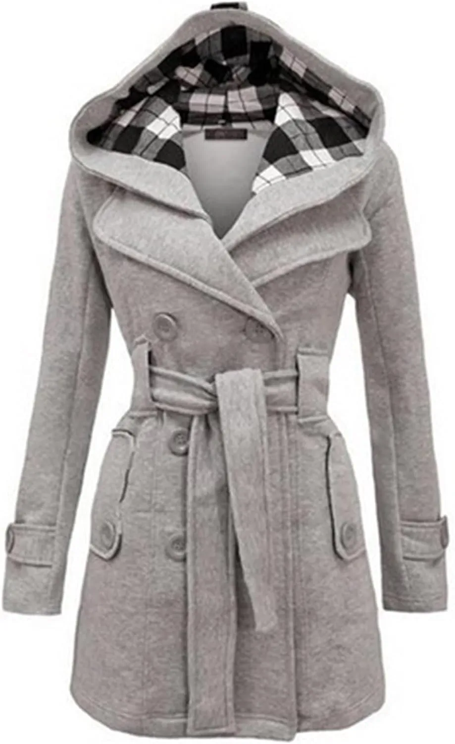 jsaierl Women Fashion Peacoat Lapel Double Breasted Thick Trench Coat Winter Warm Jacket Long Sleeve Hooded Pea Coat Outwear