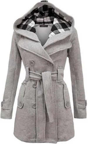 jsaierl Women Fashion Peacoat Lapel Double Breasted Thick Trench Coat Winter Warm Jacket Long Sleeve Hooded Pea Coat Outwear
