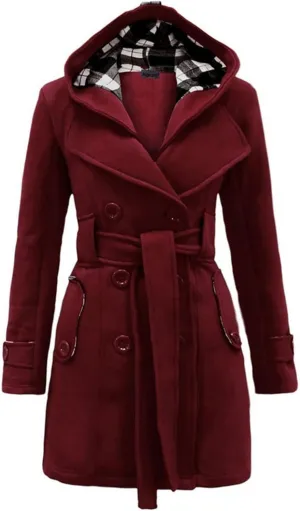 jsaierl Women Fashion Peacoat Lapel Double Breasted Thick Trench Coat Winter Warm Jacket Long Sleeve Hooded Pea Coat Outwear