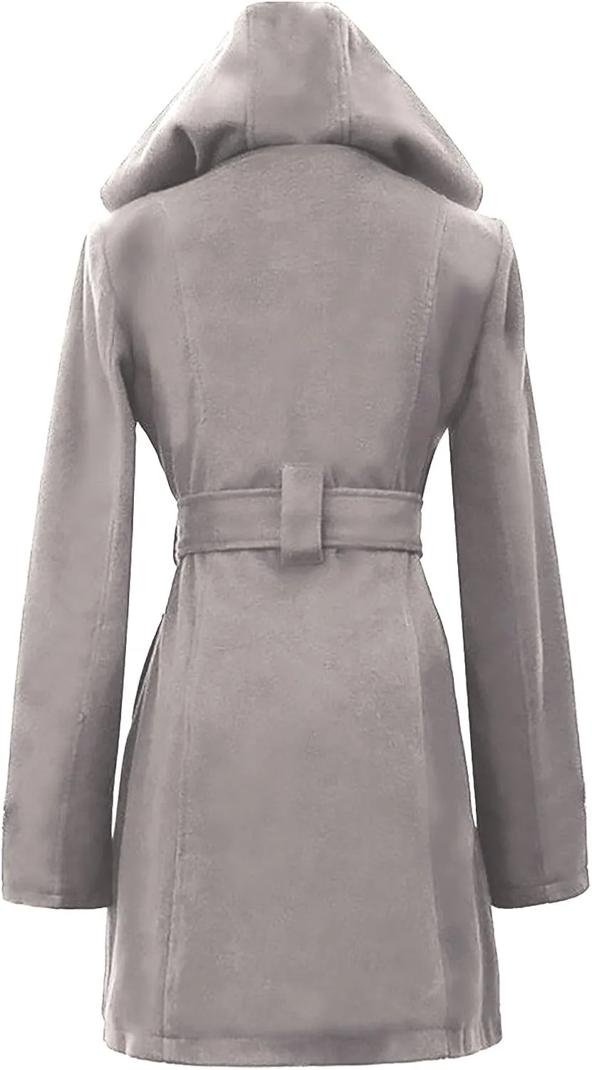 jsaierl Women Fashion Peacoat Lapel Double Breasted Thick Trench Coat Winter Warm Jacket Long Sleeve Hooded Pea Coat Outwear