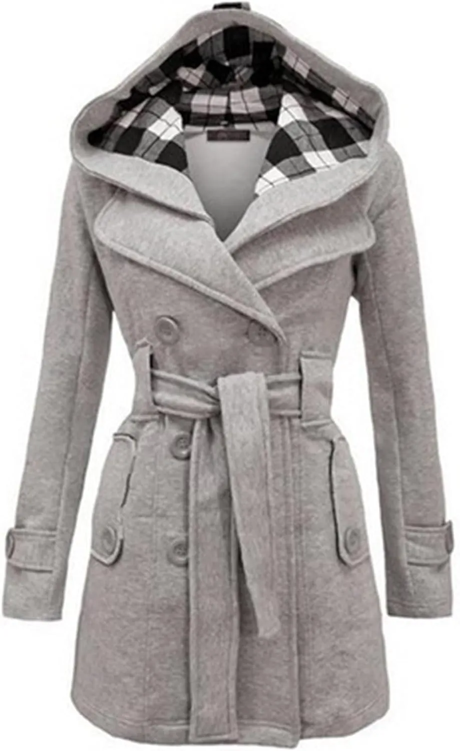 jsaierl Women Fashion Peacoat Lapel Double Breasted Thick Trench Coat Winter Warm Jacket Long Sleeve Hooded Pea Coat Outwear