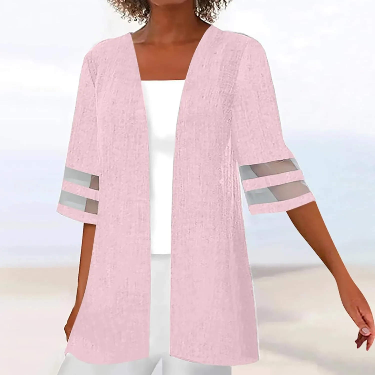 Kimonos for Women Floral Printed Summer 3/4 Sleeve Tops Plus Size Dressy Casual Lightweight Cardigan