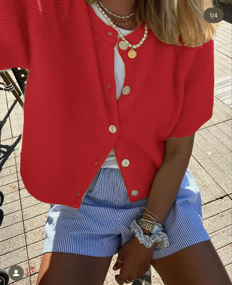 KMBANGI Women Knitted Cropped Blouse Short Sleeve Button Knit Shirt Crop Cardigan Y2k Open Front Knitwear Tops Dressy