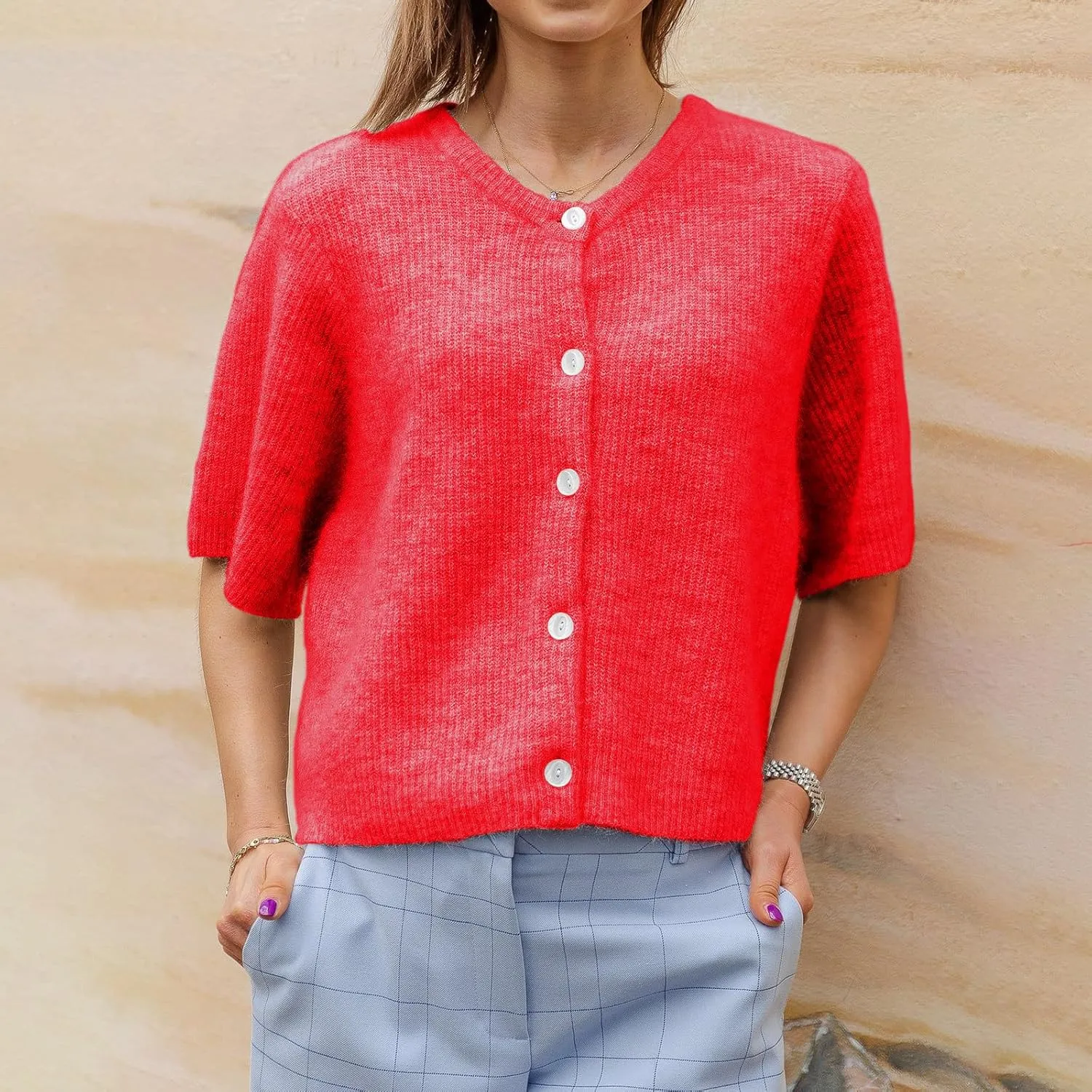 KMBANGI Women Knitted Cropped Blouse Short Sleeve Button Knit Shirt Crop Cardigan Y2k Open Front Knitwear Tops Dressy