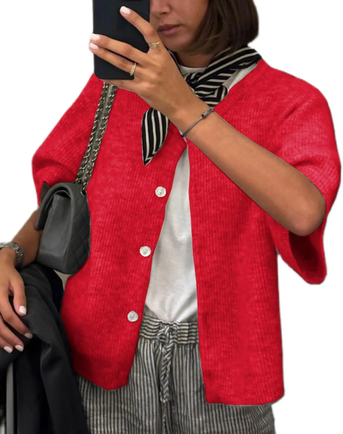 KMBANGI Women Knitted Cropped Blouse Short Sleeve Button Knit Shirt Crop Cardigan Y2k Open Front Knitwear Tops Dressy