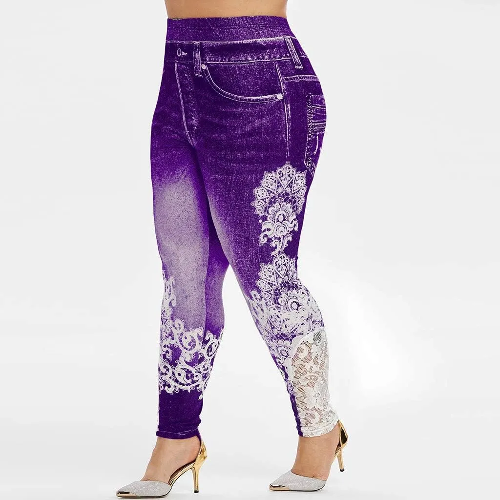 Lace Jean Leggings Women Butterfly Printed Denim Pants High Waist Butt Lift Capri Stretch Trim Pencil Denim Pants Plus