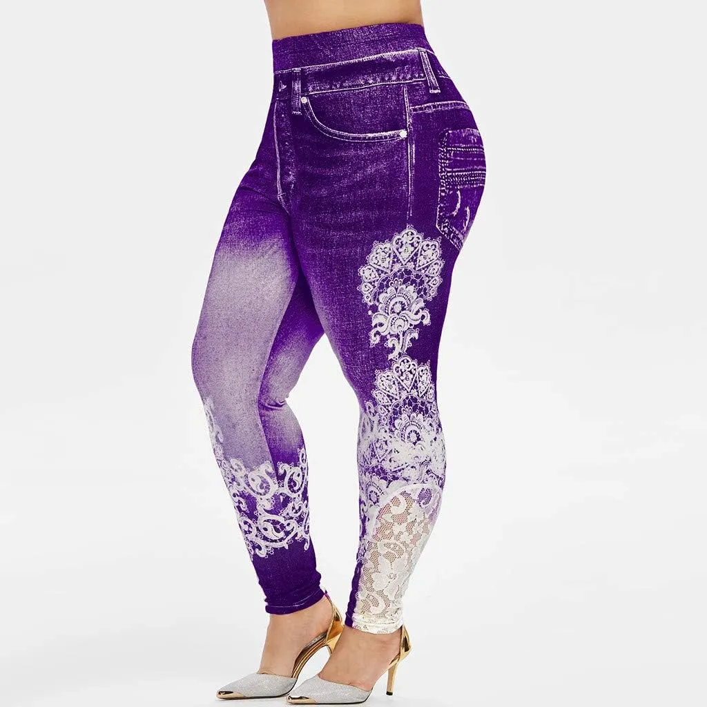 Lace Jean Leggings Women Butterfly Printed Denim Pants High Waist Butt Lift Capri Stretch Trim Pencil Denim Pants Plus