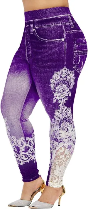 Lace Jean Leggings Women Butterfly Printed Denim Pants High Waist Butt Lift Capri Stretch Trim Pencil Denim Pants Plus
