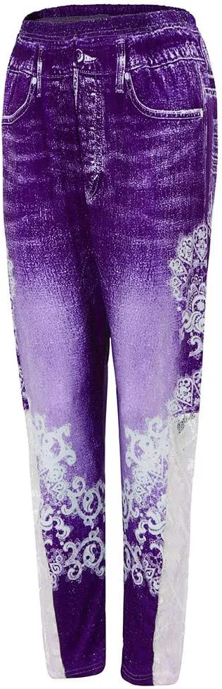 Lace Jean Leggings Women Butterfly Printed Denim Pants High Waist Butt Lift Capri Stretch Trim Pencil Denim Pants Plus
