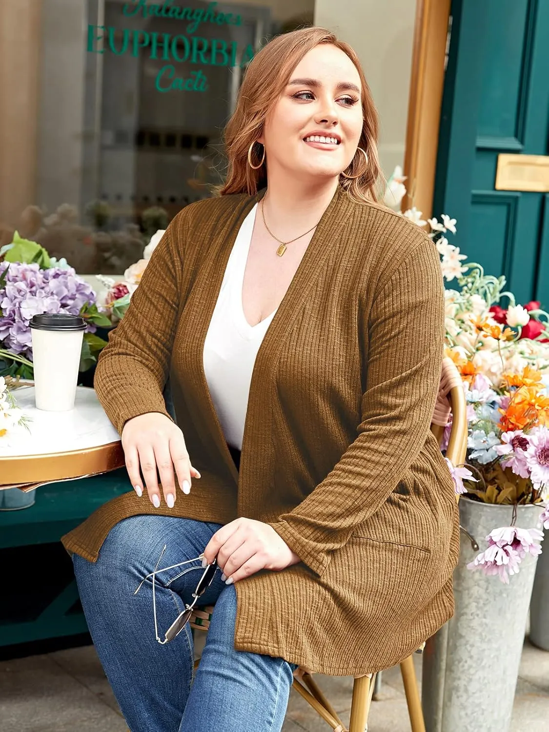 LARACE Open Front Knit Cardigan Sweaters for Women Plus Size Long Sleeve Tops with Pockets Lightweight for Winter