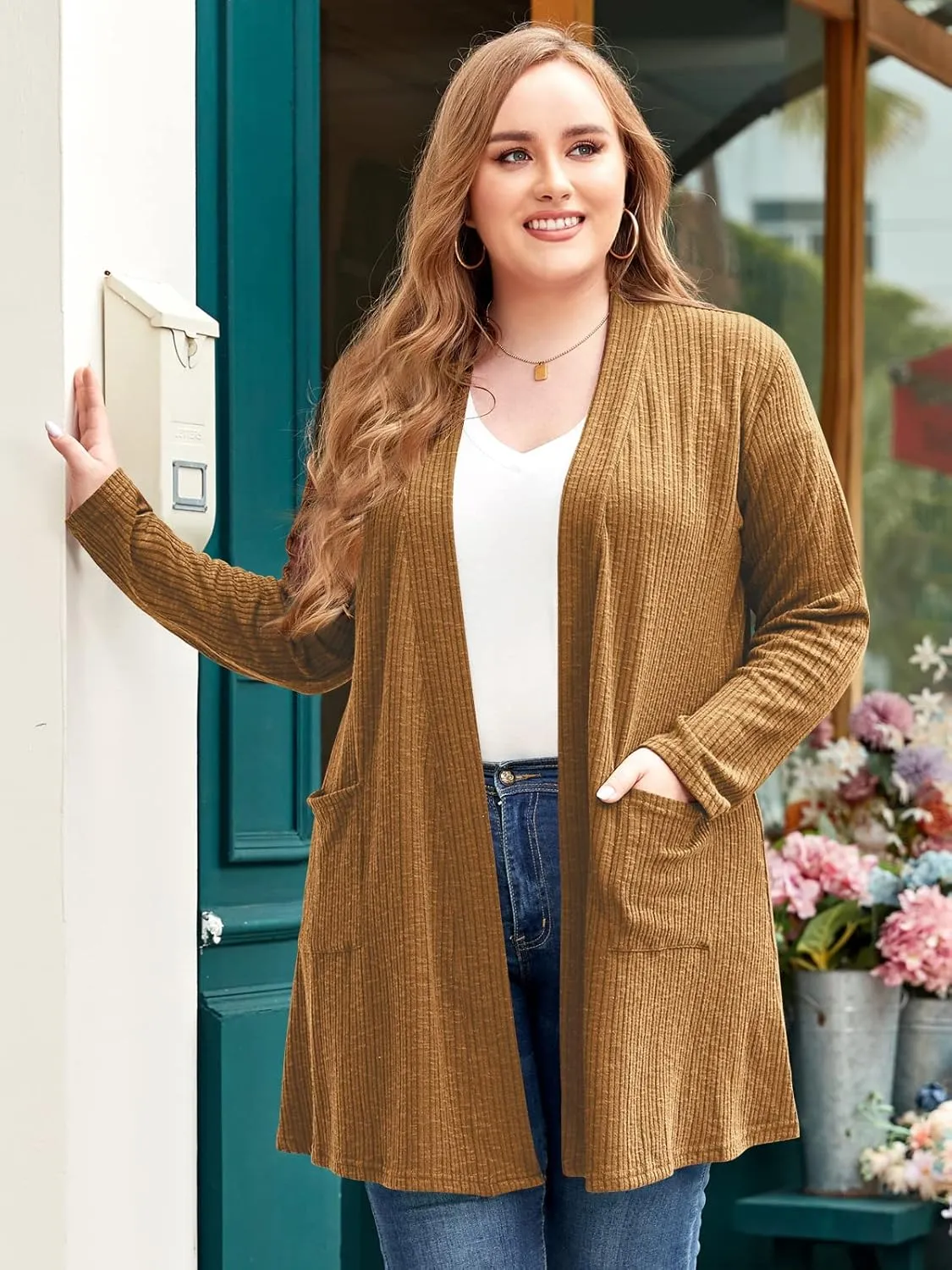 LARACE Open Front Knit Cardigan Sweaters for Women Plus Size Long Sleeve Tops with Pockets Lightweight for Winter