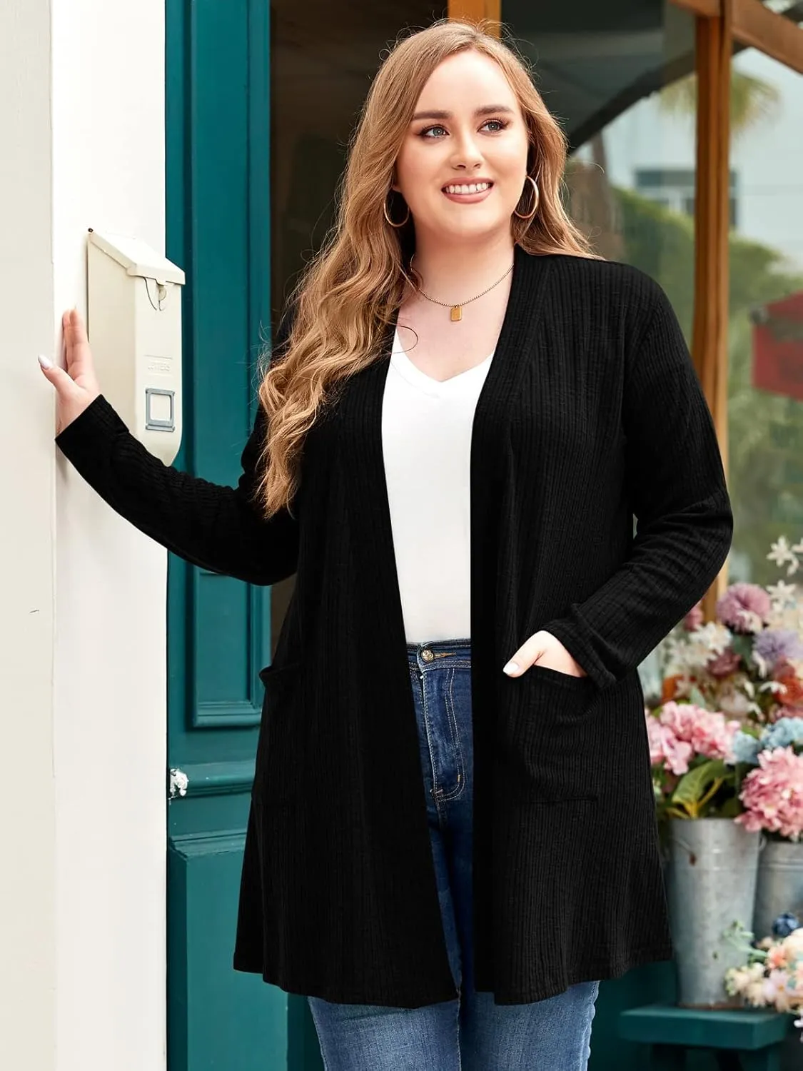 LARACE Open Front Knit Cardigan Sweaters for Women Plus Size Long Sleeve Tops with Pockets Lightweight for Winter