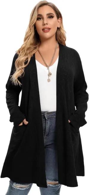 LARACE Open Front Knit Cardigan Sweaters for Women Plus Size Long Sleeve Tops with Pockets Lightweight for Winter