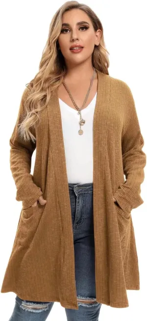 LARACE Open Front Knit Cardigan Sweaters for Women Plus Size Long Sleeve Tops with Pockets Lightweight for Winter