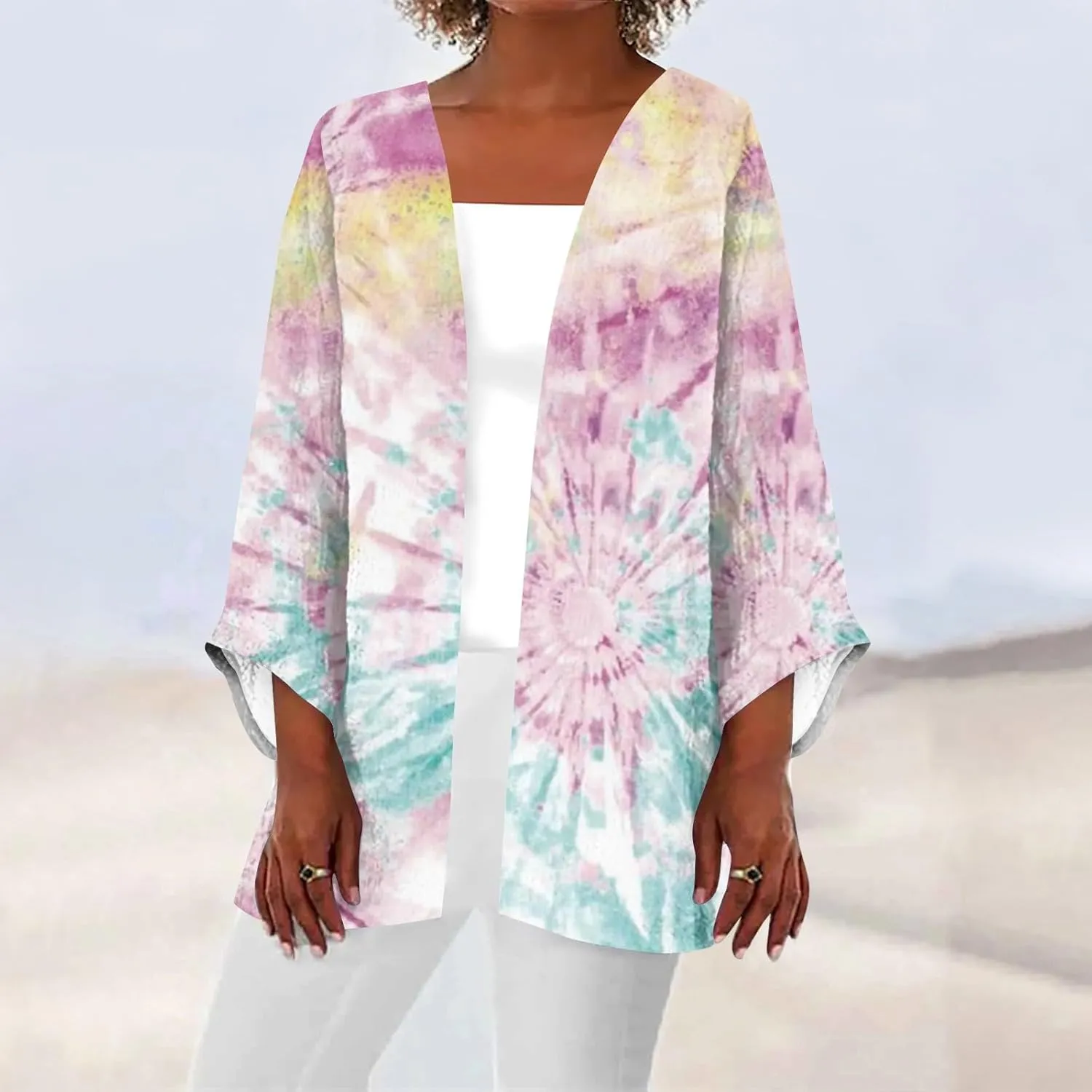 Lightweight Cardigans for Women 3/4 Sleeve Trendy Open Front Cardigan Floral Printed Comfy Dressy Cardigans