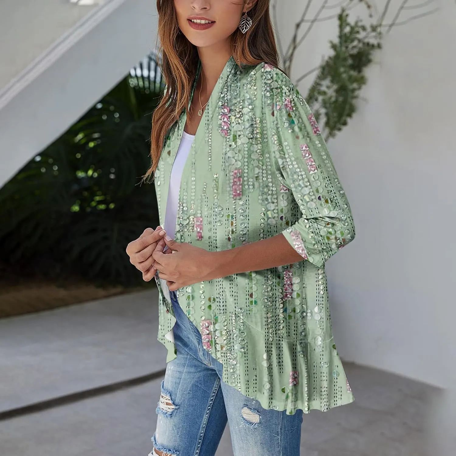 Lightweight Flutter Cardigan for Women Casual 3/4 Sleeve Cardigans for Women Long Fall Cardigan Sweaters for Women