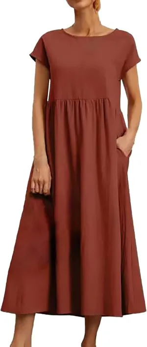 Linen Dress for Women Summer 2025 Baggy Crew Neck Short Sleeve Maxi Dresses Cotton Casual Beach Clothes with Pockets