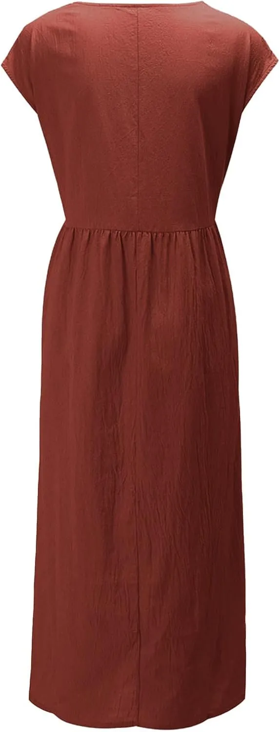Linen Dress for Women Summer 2025 Baggy Crew Neck Short Sleeve Maxi Dresses Cotton Casual Beach Clothes with Pockets
