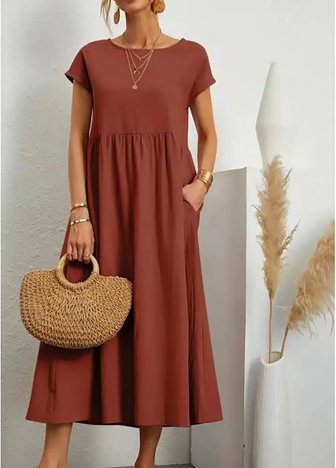 Linen Dress for Women Summer 2025 Baggy Crew Neck Short Sleeve Maxi Dresses Cotton Casual Beach Clothes with Pockets