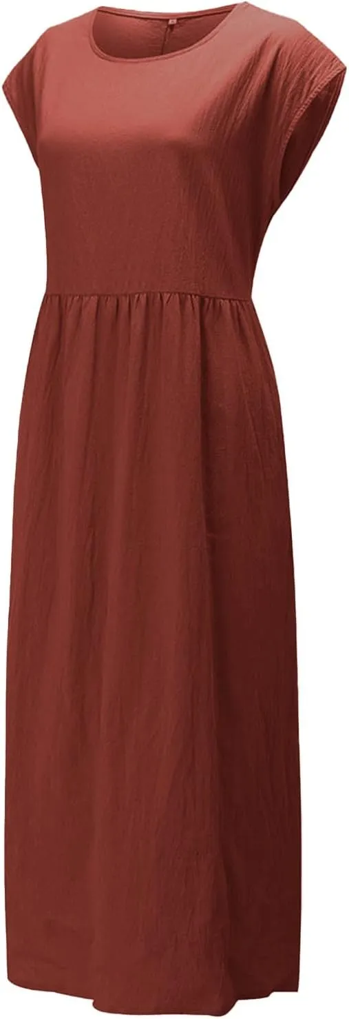 Linen Dress for Women Summer 2025 Baggy Crew Neck Short Sleeve Maxi Dresses Cotton Casual Beach Clothes with Pockets