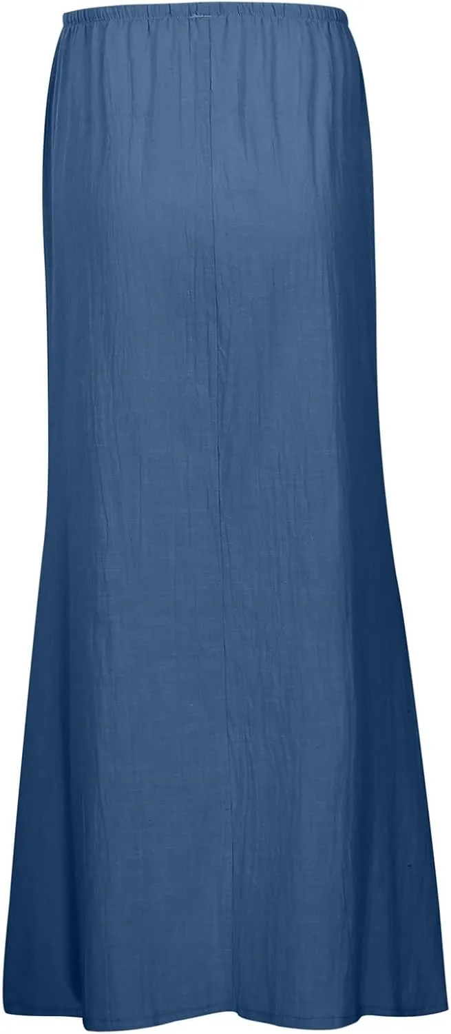 Linen Maxi Skirt for Women Elastic High Waist Flowy Boho Long Skirts 2025 Trendy Summer Vacation Beach A-Line Skirt