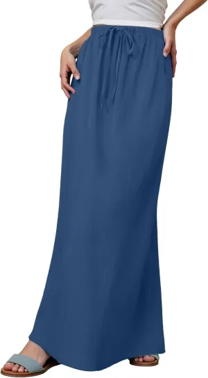 Linen Maxi Skirt for Women Elastic High Waist Flowy Boho Long Skirts 2025 Trendy Summer Vacation Beach A-Line Skirt