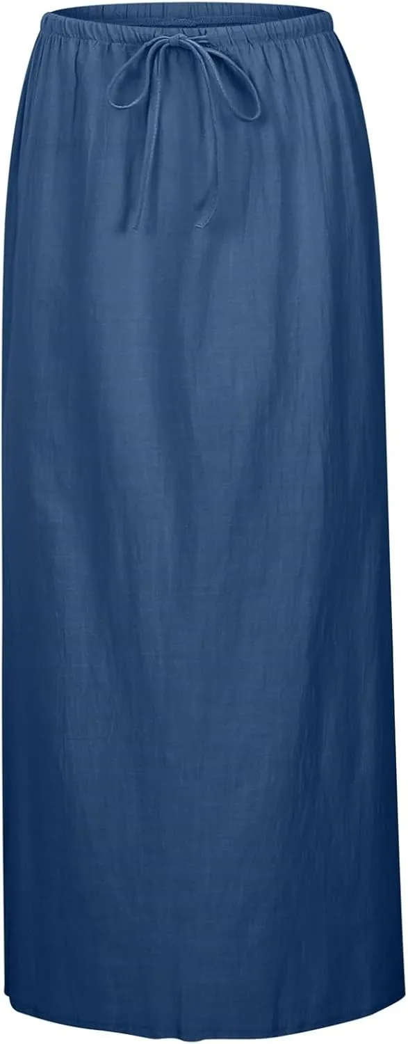 Linen Maxi Skirt for Women Elastic High Waist Flowy Boho Long Skirts 2025 Trendy Summer Vacation Beach A-Line Skirt