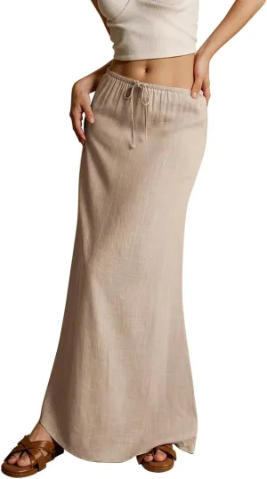 Linen Maxi Skirts for Women Trendy Summer Comfy Drawstring Waist A Line Skirts Cute Vacation Boho Long Flowy Skirts
