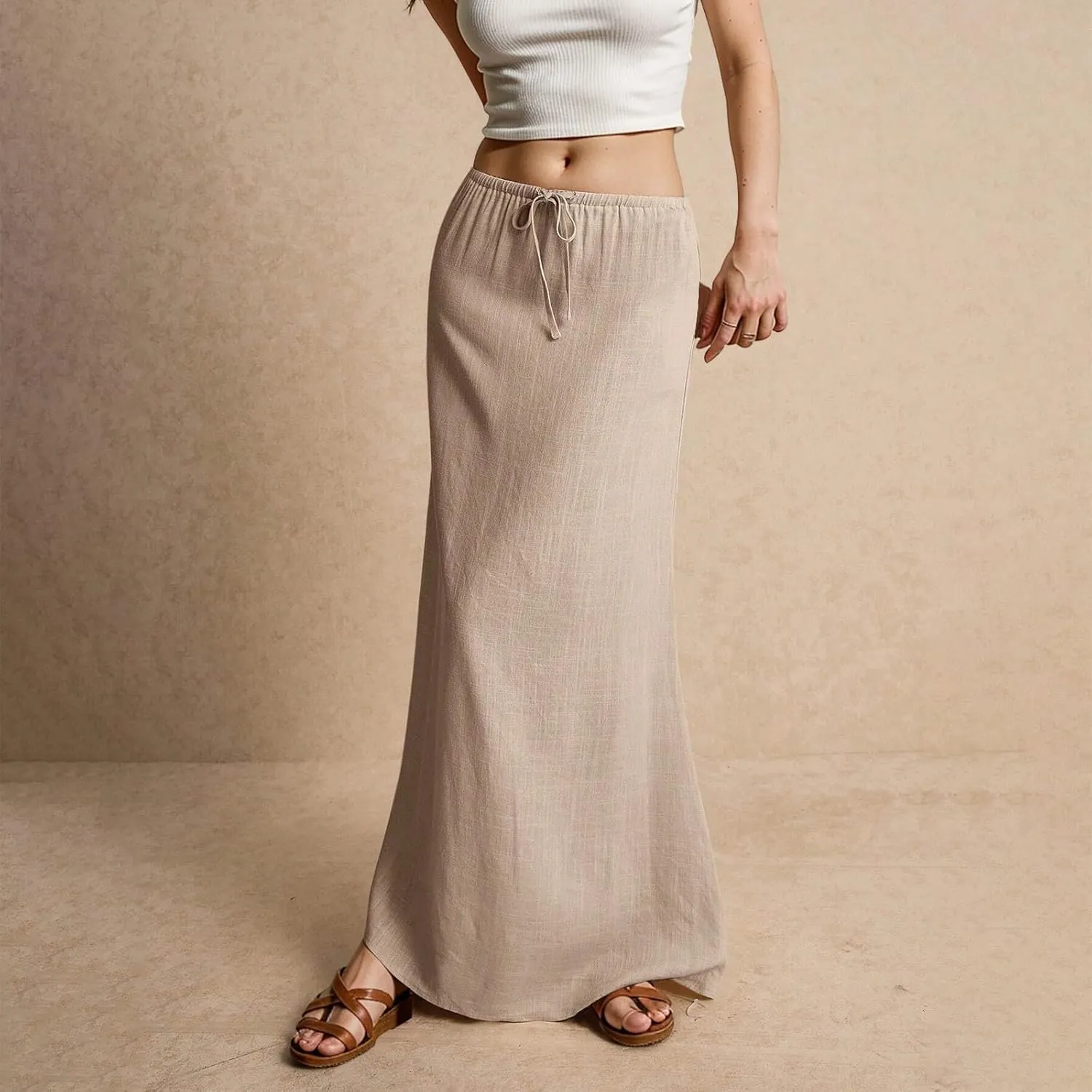 Linen Maxi Skirts for Women Trendy Summer Comfy Drawstring Waist A Line Skirts Cute Vacation Boho Long Flowy Skirts