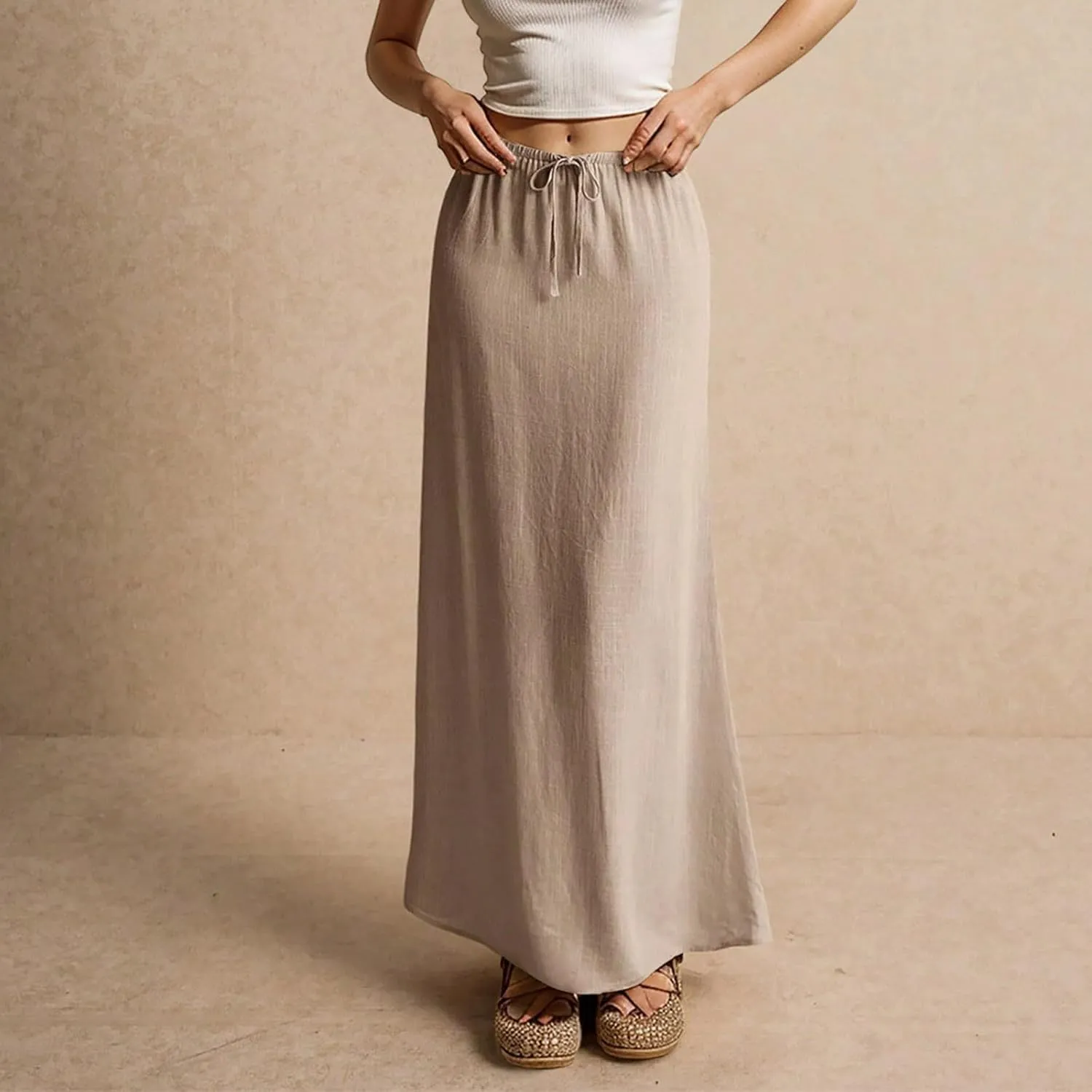 Linen Maxi Skirts for Women Trendy Summer Comfy Drawstring Waist A Line Skirts Cute Vacation Boho Long Flowy Skirts