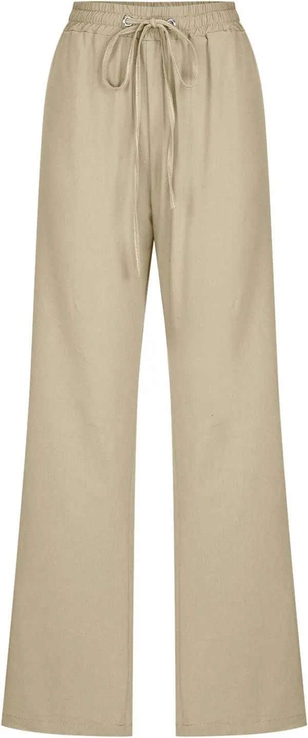 Linen Pants for Women Straight Leg Drawstring Waist Casual Pants Long Solid Summer Baggy Comfy Trousers with Pockets
