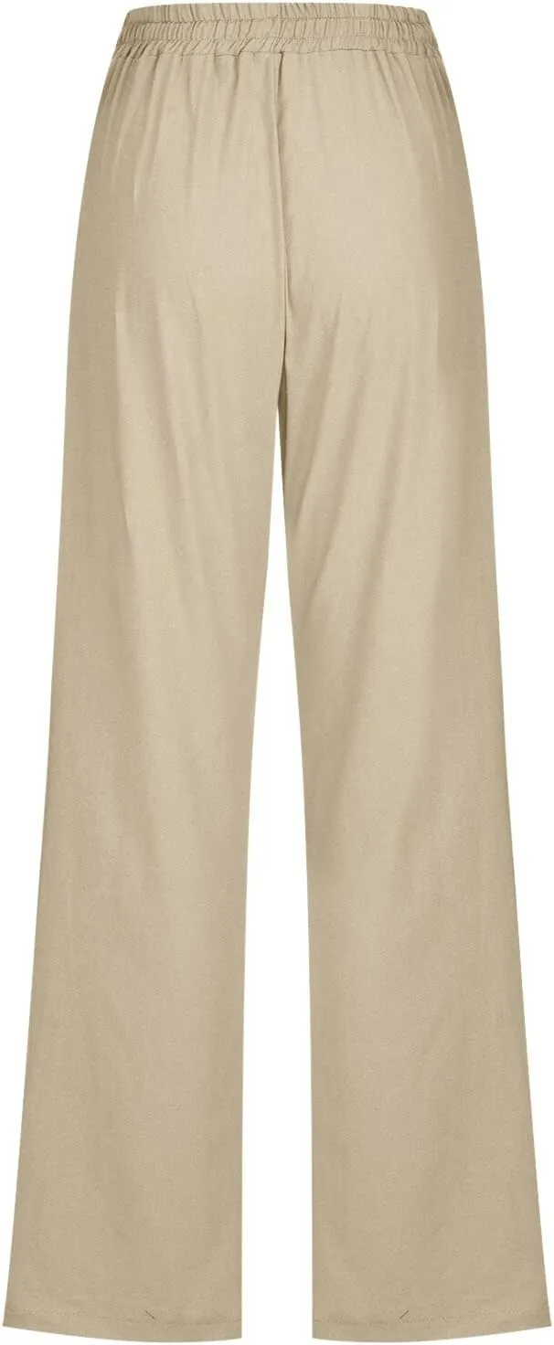 Linen Pants for Women Straight Leg Drawstring Waist Casual Pants Long Solid Summer Baggy Comfy Trousers with Pockets